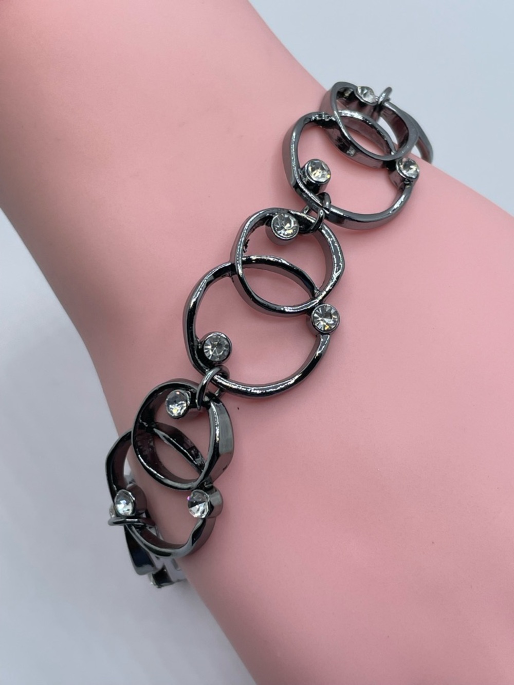 Gunmetal Circle Link Bracelet Rhinestone Accent Modern Minimalist Chic